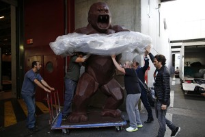 Assistants of French chocolate maker Jean-Paul Hevin unload a four-metre tall chocolate King-Kong created by Richard Orlinski in Paris