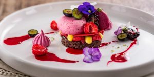 Fruit of the Forest plated dessert with black currant and hibiscus by Stefan Rimer