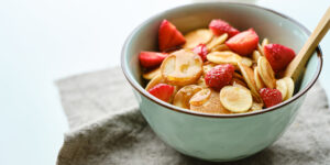 bowl with fruits and pancakes